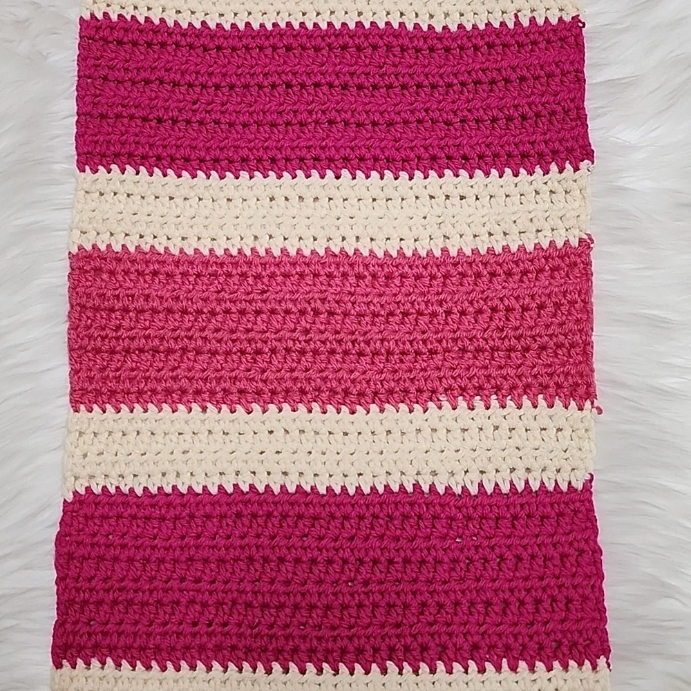 Handmade Cozy Pink & Cream Striped Crocheted Scarf Unisex - New